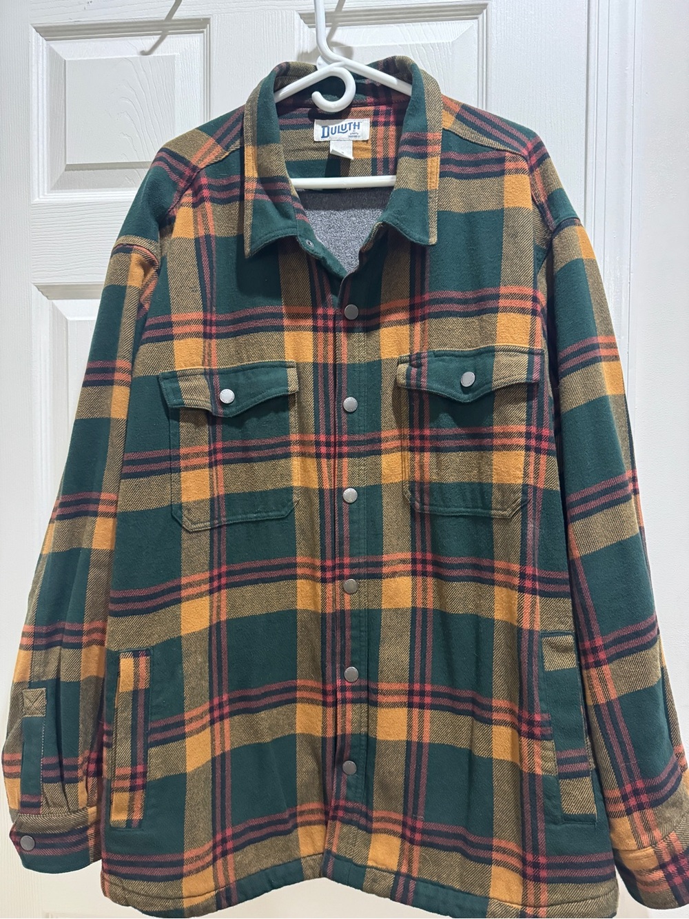 Mens 3XL Duluth Trading Co Green, Mustard & Red Plaid Button-Front Shirt Jacket